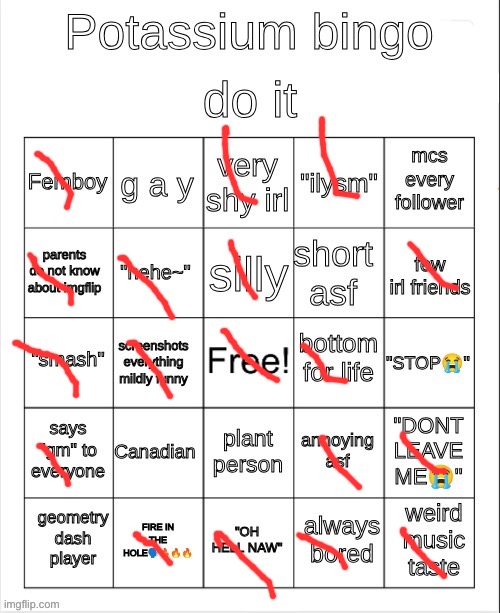 Potassium bingo | image tagged in potassium bingo | made w/ Imgflip meme maker