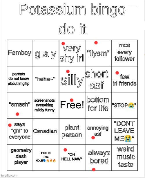 Potassium bingo | image tagged in potassium bingo | made w/ Imgflip meme maker