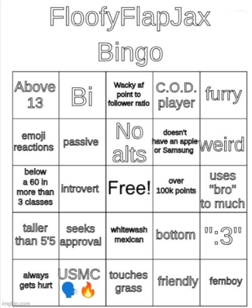 FloofyFlapJax bingo | image tagged in floofyflapjax bingo | made w/ Imgflip meme maker