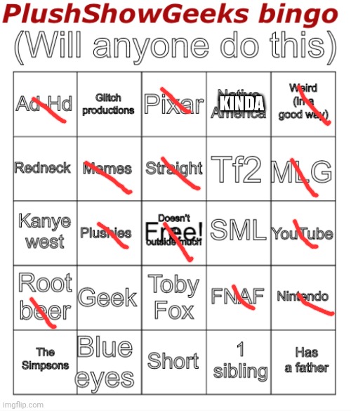 PlushShowGeeks bingo | KINDA | image tagged in plushshowgeeks bingo | made w/ Imgflip meme maker