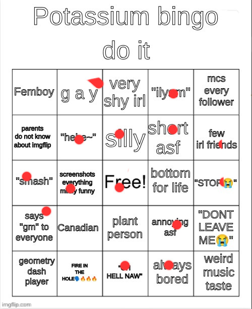 Potassium bingo | image tagged in potassium bingo | made w/ Imgflip meme maker