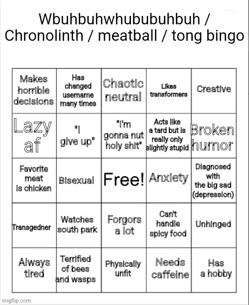 Chronolinth Bingo | image tagged in chronolinth bingo | made w/ Imgflip meme maker