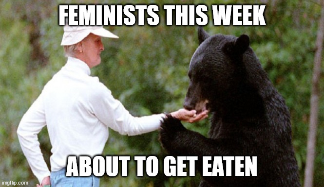 Feminists Man versus Bear | FEMINISTS THIS WEEK; ABOUT TO GET EATEN | image tagged in feminism,bear | made w/ Imgflip meme maker