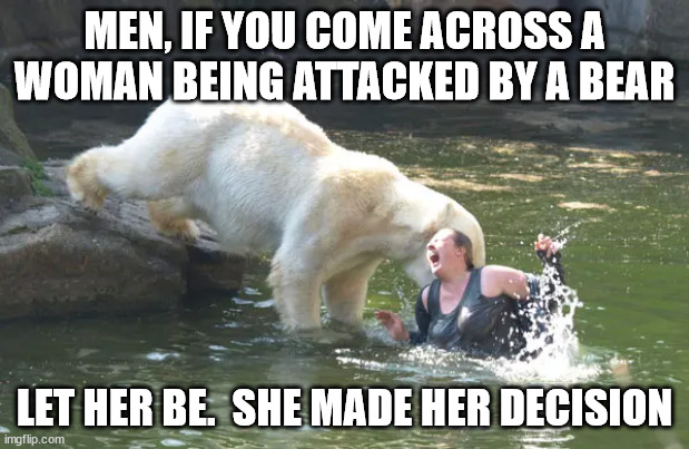Bear versus man | MEN, IF YOU COME ACROSS A WOMAN BEING ATTACKED BY A BEAR; LET HER BE.  SHE MADE HER DECISION | image tagged in feminism,feminist,bear,man | made w/ Imgflip meme maker