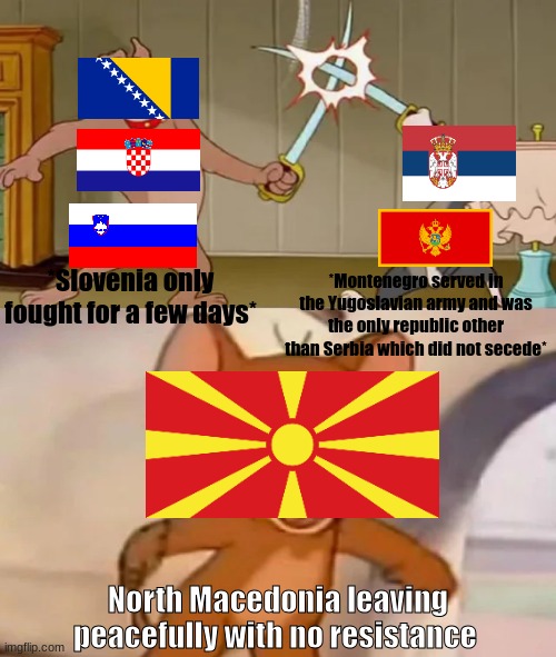 Yugoslav Wars | *Slovenia only fought for a few days*; *Montenegro served in the Yugoslavian army and was the only republic other than Serbia which did not secede*; North Macedonia leaving peacefully with no resistance | image tagged in tom and spike fighting | made w/ Imgflip meme maker