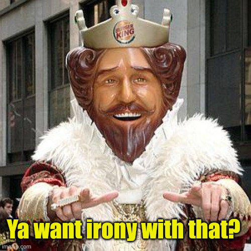 burger king | Ya want irony with that? | image tagged in burger king | made w/ Imgflip meme maker