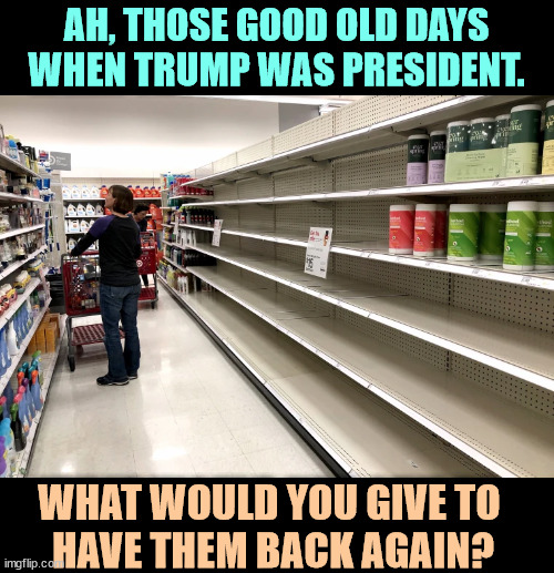 Nostalgia ain't what it used to be. | AH, THOSE GOOD OLD DAYS WHEN TRUMP WAS PRESIDENT. WHAT WOULD YOU GIVE TO 
HAVE THEM BACK AGAIN? | image tagged in trump,covid-19,shortage,tp,hoarding | made w/ Imgflip meme maker