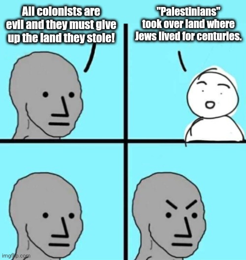 Confuse a lib | All colonists are evil and they must give up the land they stole! "Palestinians" took over land where Jews lived for centuries. | image tagged in angry npc wojak,israel,antisemitism,democrats,palestine,jews | made w/ Imgflip meme maker