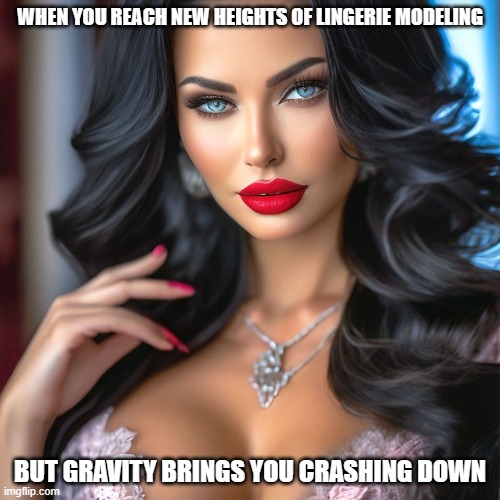 sexy lingerie model | WHEN YOU REACH NEW HEIGHTS OF LINGERIE MODELING; BUT GRAVITY BRINGS YOU CRASHING DOWN | image tagged in sexy lingerie model | made w/ Imgflip meme maker