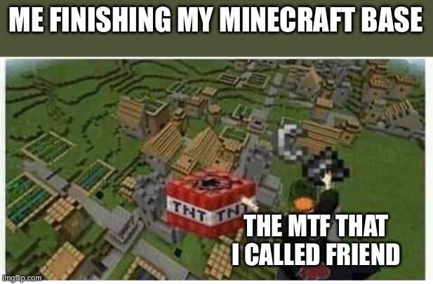 Pain with tnt | ME FINISHING MY MINECRAFT BASE; THE MTF THAT I CALLED FRIEND | image tagged in pain with tnt | made w/ Imgflip meme maker