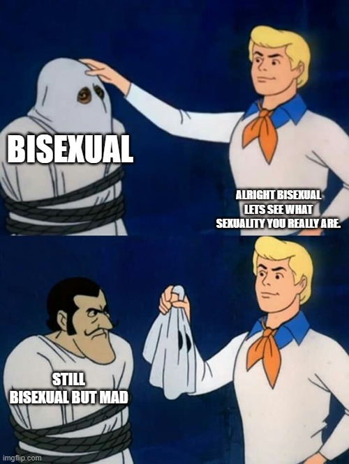 True | BISEXUAL; ALRIGHT BISEXUAL LETS SEE WHAT SEXUALITY YOU REALLY ARE. STILL BISEXUAL BUT MAD | image tagged in scooby doo mask reveal | made w/ Imgflip meme maker
