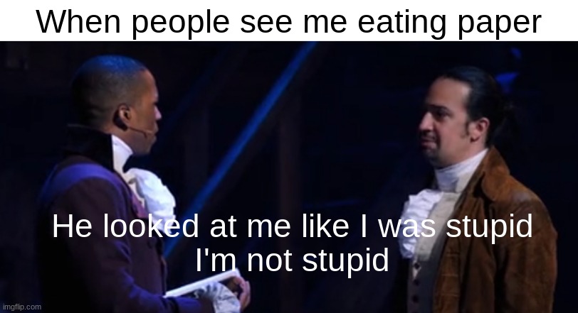I'm not stupid | When people see me eating paper; He looked at me like I was stupid
I'm not stupid | image tagged in hamilton he looked at me like i was stupid | made w/ Imgflip meme maker