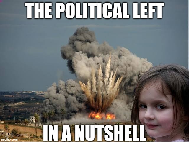 Girl standing in front of explosion | THE POLITICAL LEFT IN A NUTSHELL | image tagged in girl standing in front of explosion | made w/ Imgflip meme maker