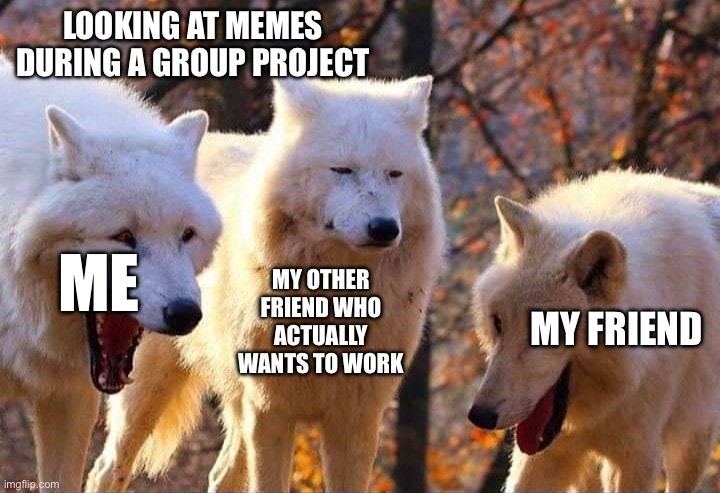 very true. | LOOKING AT MEMES DURING A GROUP PROJECT; ME; MY OTHER FRIEND WHO ACTUALLY WANTS TO WORK; MY FRIEND | image tagged in laughing wolf | made w/ Imgflip meme maker