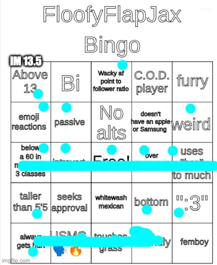 ;) *rizzes* | IM 13.5 | image tagged in floofyflapjax bingo | made w/ Imgflip meme maker