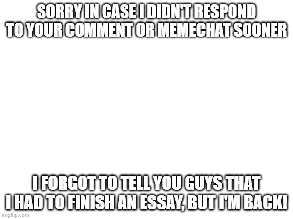 sorri | SORRY IN CASE I DIDN'T RESPOND TO YOUR COMMENT OR MEMECHAT SOONER; I FORGOT TO TELL YOU GUYS THAT I HAD TO FINISH AN ESSAY, BUT I'M BACK! | made w/ Imgflip meme maker