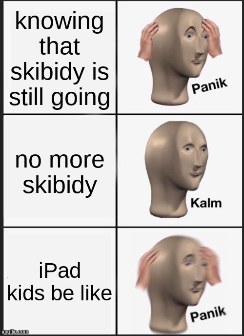 Panik Kalm Panik Meme | knowing that skibidy is still going; no more skibidy; iPad kids be like | image tagged in memes,panik kalm panik | made w/ Imgflip meme maker