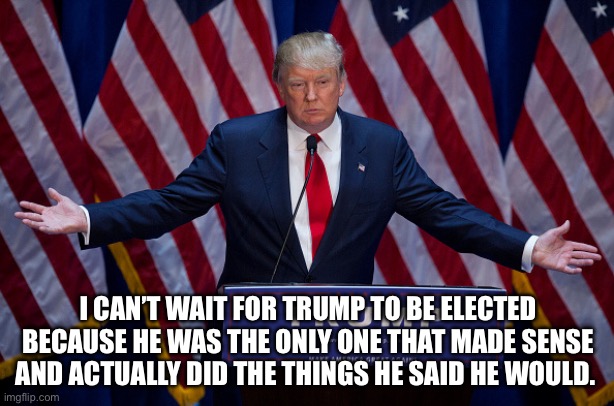 Donald Trump | I CAN’T WAIT FOR TRUMP TO BE ELECTED BECAUSE HE WAS THE ONLY ONE THAT MADE SENSE AND ACTUALLY DID THE THINGS HE SAID HE WOULD. | image tagged in donald trump | made w/ Imgflip meme maker