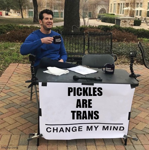 Pickles | PICKLES
ARE 
TRANS | image tagged in change my mind,pickles,trans,lgbtq,lgbt,taste | made w/ Imgflip meme maker