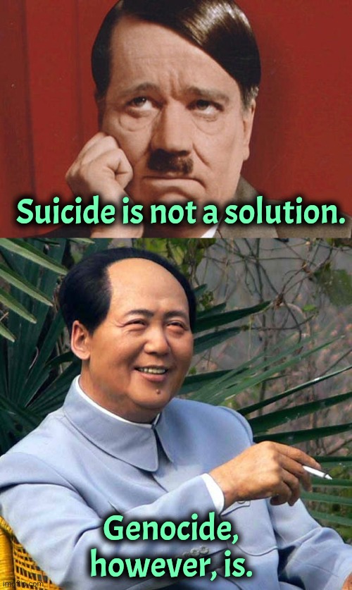 Say Nein to Suicide | Suicide is not a solution. Genocide, however, is. | image tagged in sad hitler,smoking mao,hitler,genocide,communism | made w/ Imgflip meme maker
