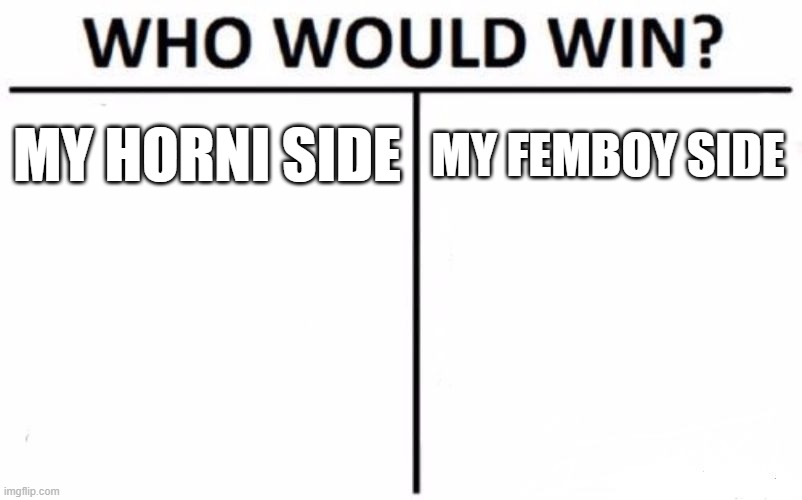 whitch do you think is gonna last longer? | MY HORNI SIDE; MY FEMBOY SIDE | image tagged in memes,who would win | made w/ Imgflip meme maker