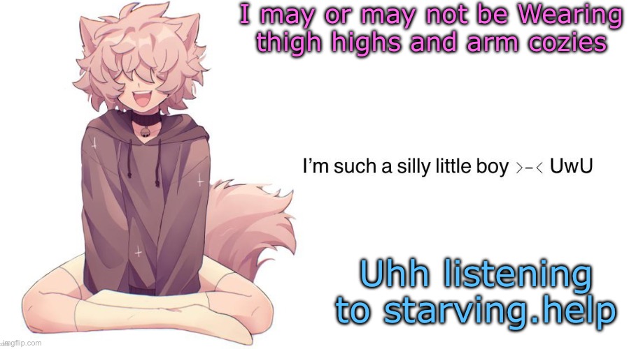 Silly_Neko announcement template | I may or may not be Wearing thigh highs and arm cozies; Uhh listening to starving.help | image tagged in silly_neko announcement template | made w/ Imgflip meme maker