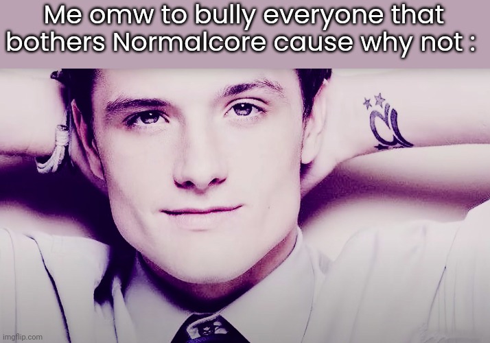 Josh hutcherson whistle | Me omw to bully everyone that bothers Normalcore cause why not : | image tagged in josh hutcherson whistle | made w/ Imgflip meme maker