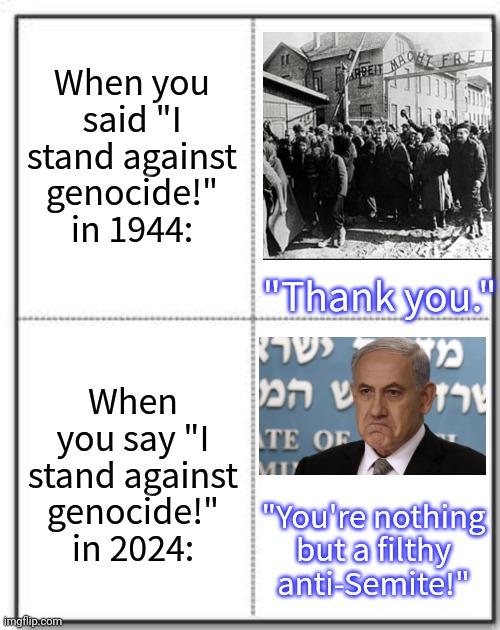 Role reversal. | When you said "I stand against genocide!" in 1944:; "Thank you."; When you say "I stand against genocide!" in 2024:; "You're nothing
but a filthy anti-Semite!" | image tagged in four 4 box square blank white,holocaust,world war ii,israel,palestine,you have become the very thing you swore to destroy | made w/ Imgflip meme maker