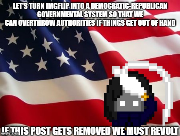 they can't ban all of us, after all we're technically their source of income | LET'S TURN IMGFLIP INTO A DEMOCRATIC-REPUBLICAN GOVERNMENTAL SYSTEM SO THAT WE CAN OVERTHROW AUTHORITIES IF THINGS GET OUT OF HAND; IF THIS POST GETS REMOVED WE MUST REVOLT | image tagged in american flag | made w/ Imgflip meme maker
