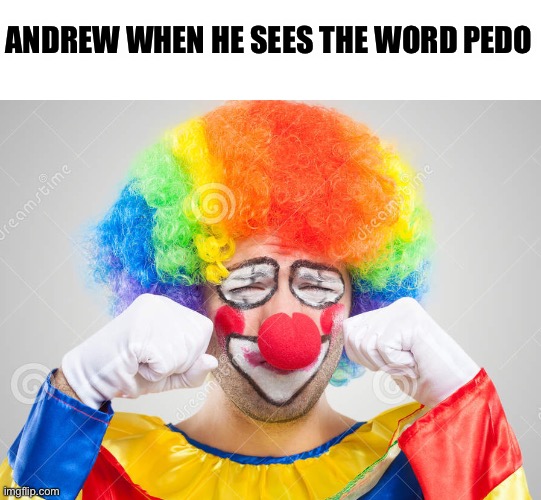 Who wants to bet I’m finna be banned :3 (Andrew where’s my money) | ANDREW WHEN HE SEES THE WORD PEDO | image tagged in clown crying | made w/ Imgflip meme maker