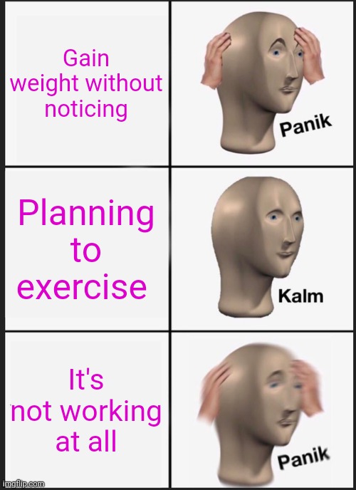 Me every damn time, even if I'm not the only one to have this kind of situation | Gain weight without noticing; Planning to exercise; It's not working at all | image tagged in memes,panik kalm panik | made w/ Imgflip meme maker