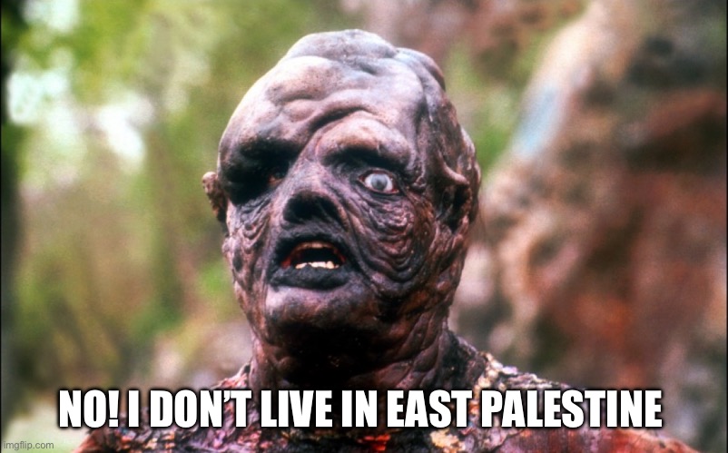I have a friend that lives (very unfortunately) only 20 miles away from East Palestine | NO! I DON’T LIVE IN EAST PALESTINE | image tagged in hideously deformed face | made w/ Imgflip meme maker