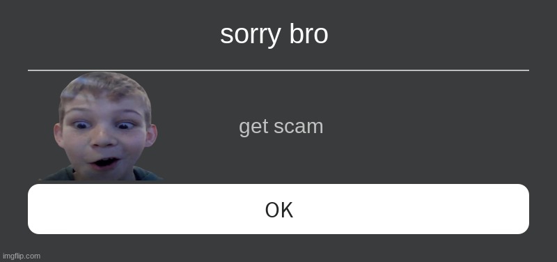 sorry bro | sorry bro; get scam | image tagged in roblox error message | made w/ Imgflip meme maker