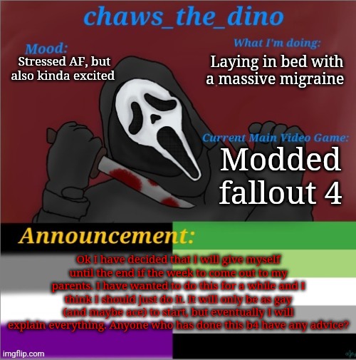 TLDR and Announcement if u couldn't read it are in comments | Laying in bed with a massive migraine; Stressed AF, but also kinda excited; Modded fallout 4; Ok I have decided that I will give myself until the end if the week to come out to my parents. I have wanted to do this for a while and I think I should just do it. It will only be as gay (and maybe ace) to start, but eventually I will explain everything. Anyone who has done this b4 have any advice? | image tagged in chaws_the_dino announcement temp | made w/ Imgflip meme maker