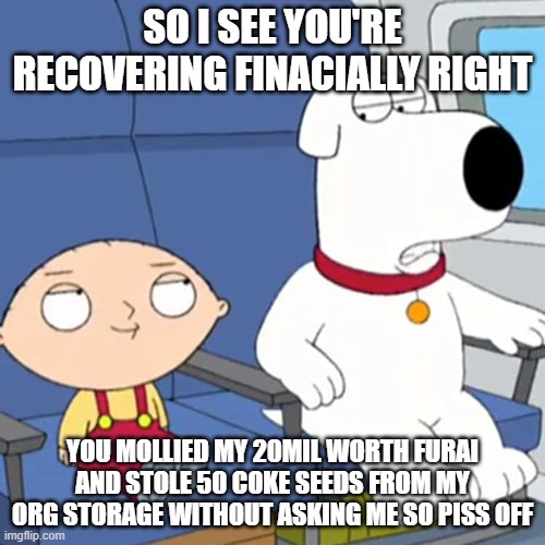 aye? | SO I SEE YOU'RE RECOVERING FINACIALLY RIGHT; YOU MOLLIED MY 20MIL WORTH FURAI AND STOLE 50 COKE SEEDS FROM MY ORG STORAGE WITHOUT ASKING ME SO PISS OFF | image tagged in funny,funny memes,memes,so true memes,lol so funny | made w/ Imgflip meme maker