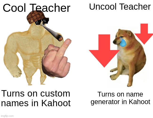 Buff Doge vs. Cheems | Cool Teacher; Uncool Teacher; Turns on custom names in Kahoot; Turns on name generator in Kahoot | image tagged in memes,buff doge vs cheems | made w/ Imgflip meme maker