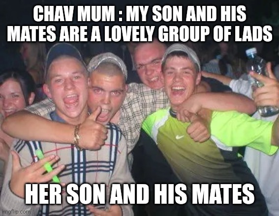 We have all heard it before | CHAV MUM : MY SON AND HIS MATES ARE A LOVELY GROUP OF LADS; HER SON AND HIS MATES | image tagged in chavs,memes,british,uk | made w/ Imgflip meme maker