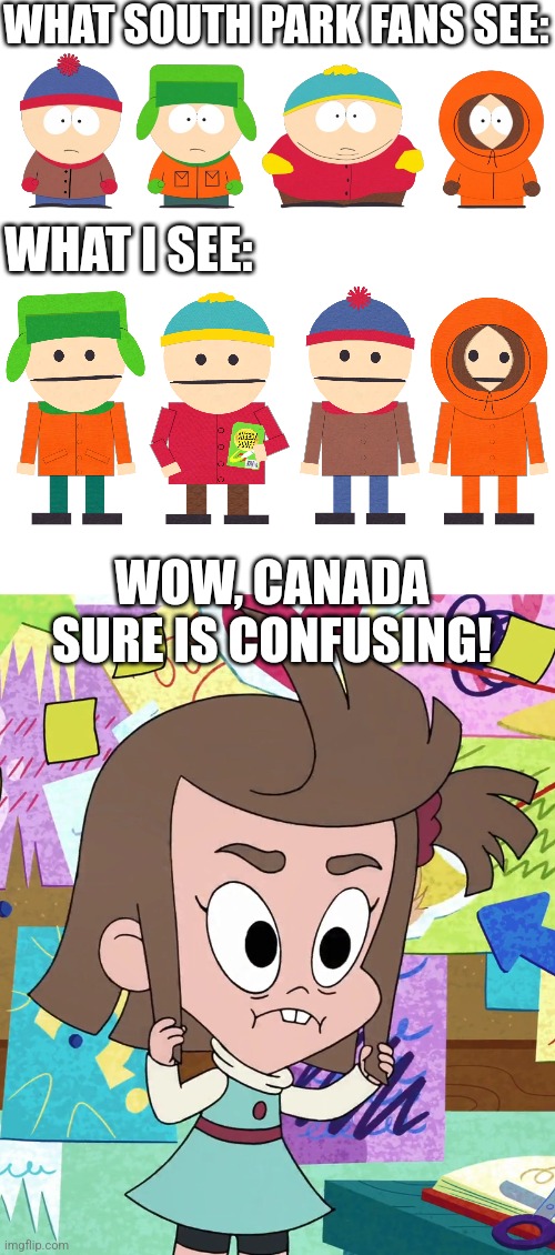 BLAME CANADA, SHAME ON CANADA! | WHAT SOUTH PARK FANS SEE:; WHAT I SEE:; WOW, CANADA SURE IS CONFUSING! | image tagged in psycho bitch lucretia,south park,blame canada,harvey girls forever,harvey street kids | made w/ Imgflip meme maker