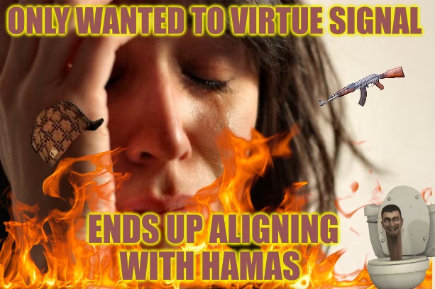 First World Problems Meme | ONLY WANTED TO VIRTUE SIGNAL; ENDS UP ALIGNING WITH HAMAS | image tagged in first world problems,cucks,progressives,riots,virtue signalling,political humor | made w/ Imgflip meme maker