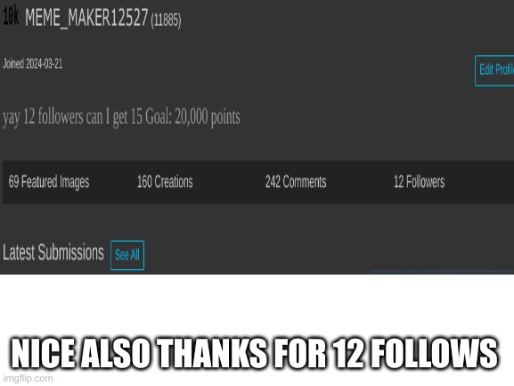 nice and thank you | NICE ALSO THANKS FOR 12 FOLLOWS | image tagged in blank white template | made w/ Imgflip meme maker