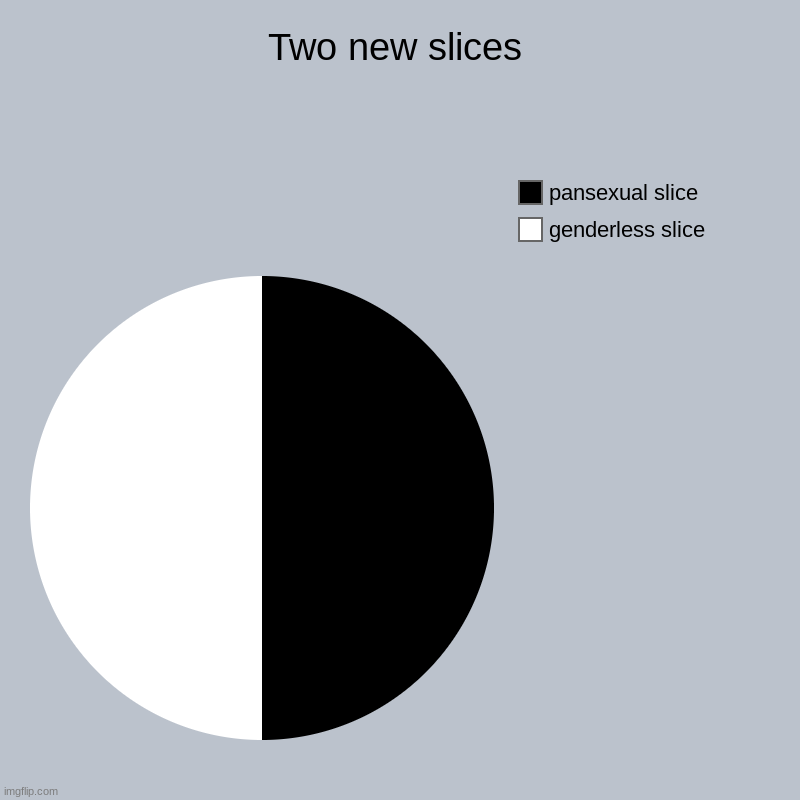 More slices | Two new slices | genderless slice, pansexual slice | image tagged in charts,pie charts,memes,pansexual,no,gender | made w/ Imgflip chart maker