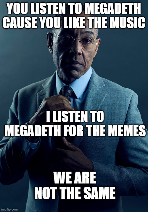 hello me, meet the real me | YOU LISTEN TO MEGADETH CAUSE YOU LIKE THE MUSIC; I LISTEN TO MEGADETH FOR THE MEMES; WE ARE NOT THE SAME | image tagged in gus fring we are not the same | made w/ Imgflip meme maker