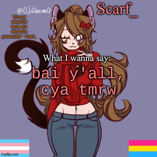 Scarf_ Announcement Template | bai y'all, cya tmrw | image tagged in scarf_ announcement template | made w/ Imgflip meme maker