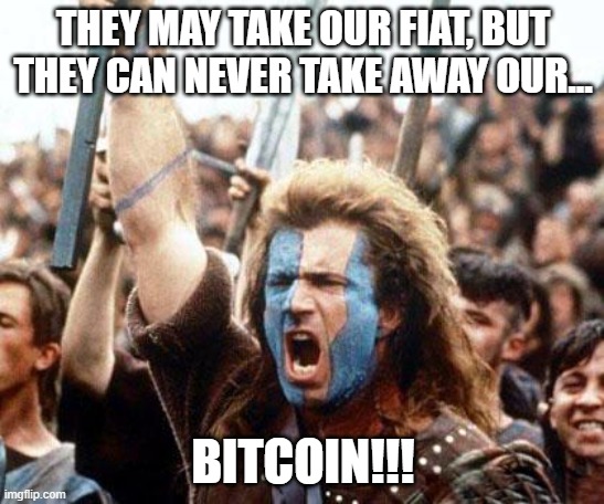 braveheart freedom | THEY MAY TAKE OUR FIAT, BUT THEY CAN NEVER TAKE AWAY OUR... BITCOIN!!! | image tagged in braveheart freedom | made w/ Imgflip meme maker