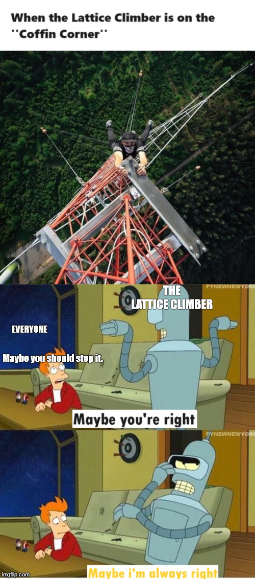 When you have a adrenaline junkie in your family | THE LATTICE CLIMBER; EVERYONE; Maybe you should stop it. | image tagged in lattice climber,futurama,adrenaline,lattice climbing,meme,template | made w/ Imgflip meme maker
