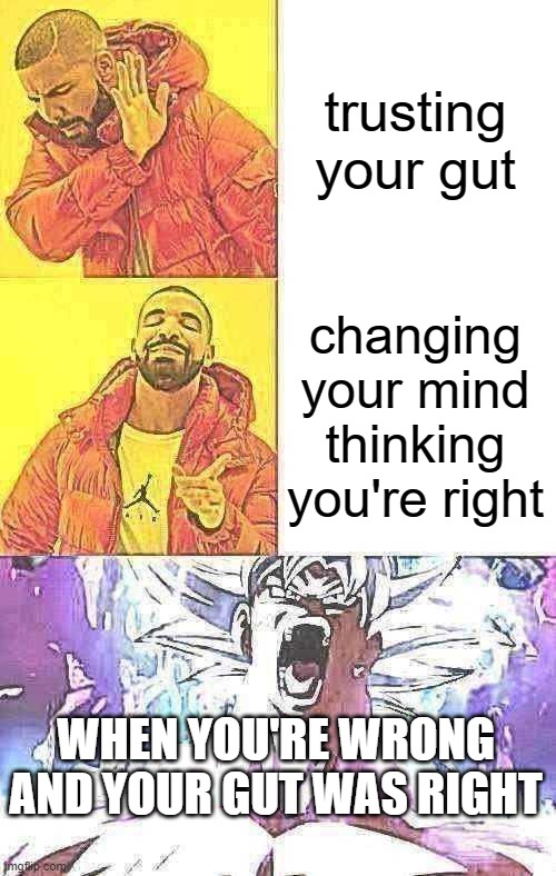 true and painful reality in tests | trusting your gut; changing your mind thinking you're right; WHEN YOU'RE WRONG AND YOUR GUT WAS RIGHT | image tagged in memes,drake hotline bling,pissed off goku | made w/ Imgflip meme maker