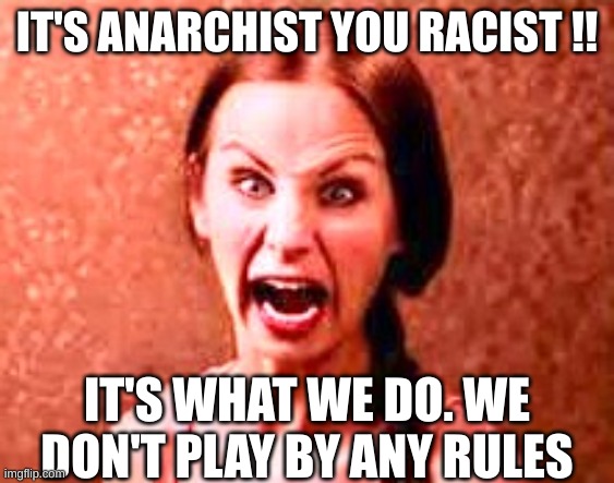 Crazy liberal | IT'S ANARCHIST YOU RACIST !! IT'S WHAT WE DO. WE DON'T PLAY BY ANY RULES | image tagged in crazy liberal | made w/ Imgflip meme maker