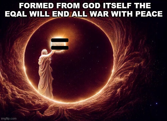Eqal | FORMED FROM GOD ITSELF THE EQAL WILL END ALL WAR WITH PEACE | image tagged in myery lore,eqal | made w/ Imgflip meme maker