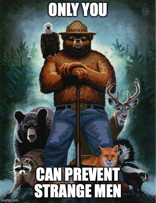 Only You Can Prevent Strange Men | ONLY YOU; CAN PREVENT STRANGE MEN | image tagged in smokey the bear | made w/ Imgflip meme maker