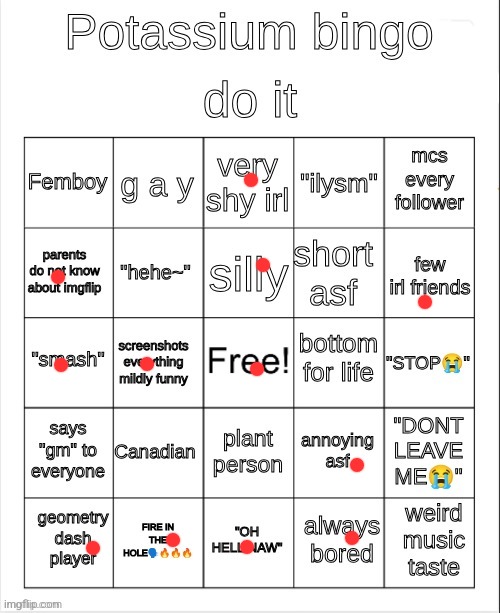 Potassium bingo | image tagged in potassium bingo | made w/ Imgflip meme maker